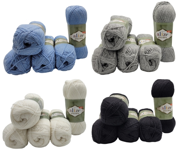 500 Gramm Alize Alpaka Royal Strickwolle, 5x 100 Gramm Strickgarn einfarbig mit 15% Alpaka und 30% Wolle